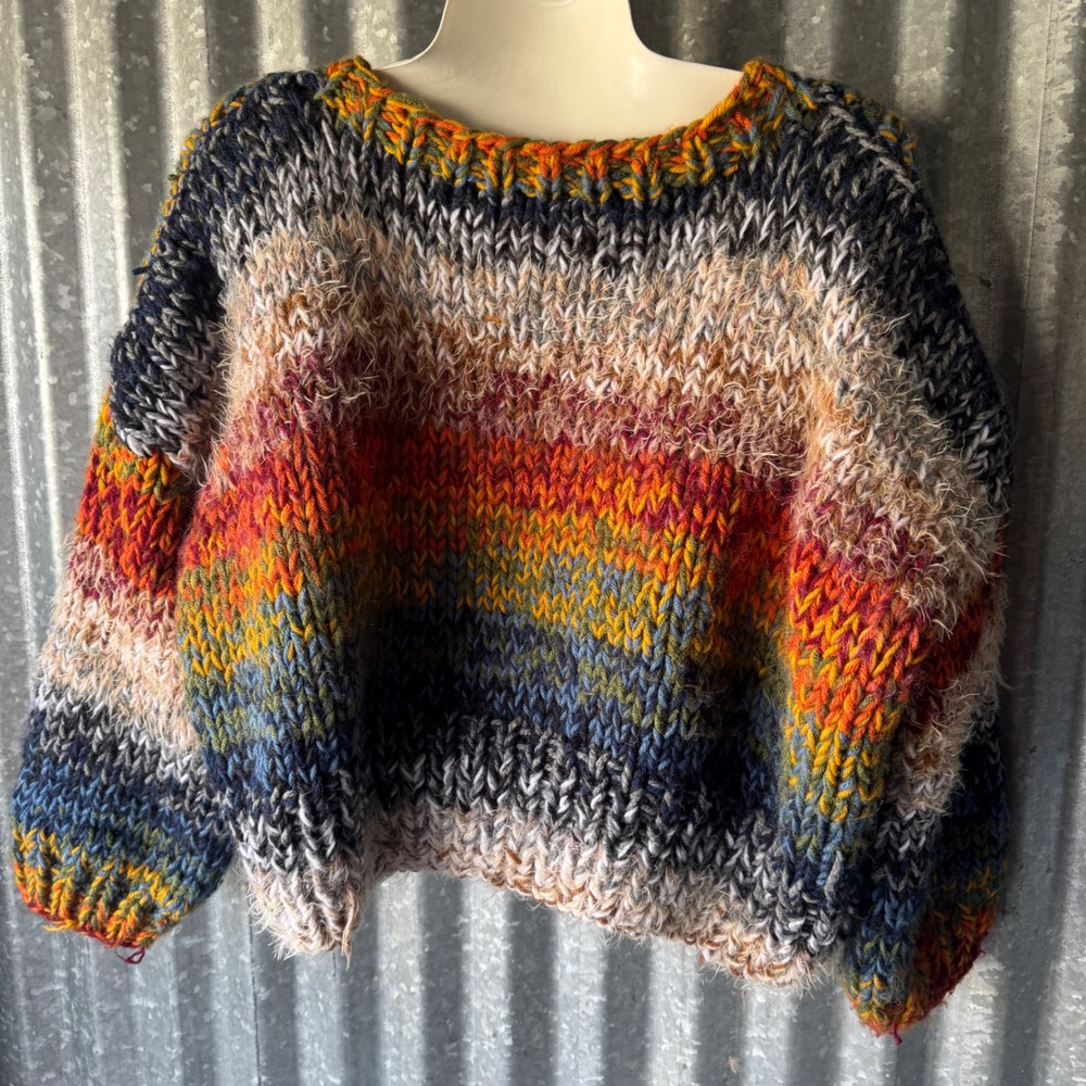 Hand Knit Chunky Stripe Sweater Oversized Crop Rainbow Large Pullover handmade - Picture 4 of 15